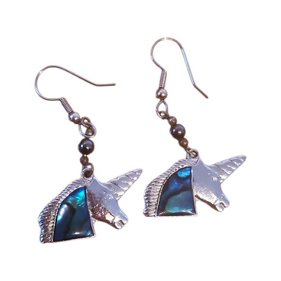 Silver Unicorn Earrings with Abalone Shell Accents - Picture 1 of 2
